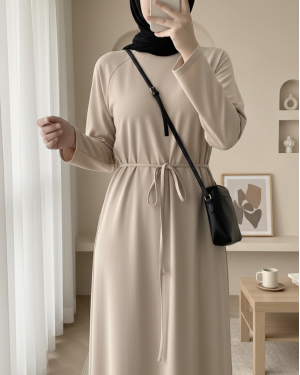 Round Neck Tied Waist Oysho Dress - Beige