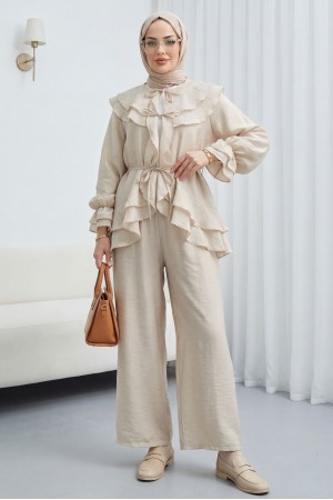 Cupra Suit with Lace-Up Front, Folded Collar, Elasticated Cuffs, and Lined Trousers -Stone