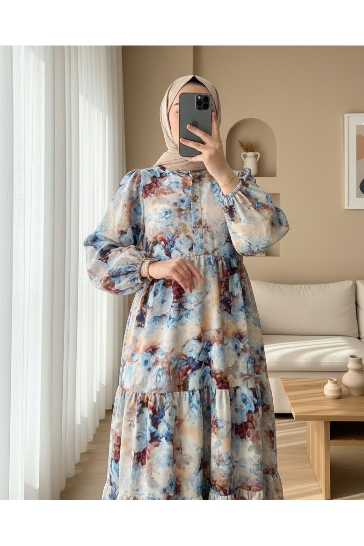 Half-Buttoned Mixed Patterned Elastic Sleeve Dress -Ice Blue