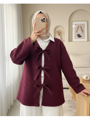 Önü Bağlamalı Kırçıllı Kaşe Ceket  -Bordo
