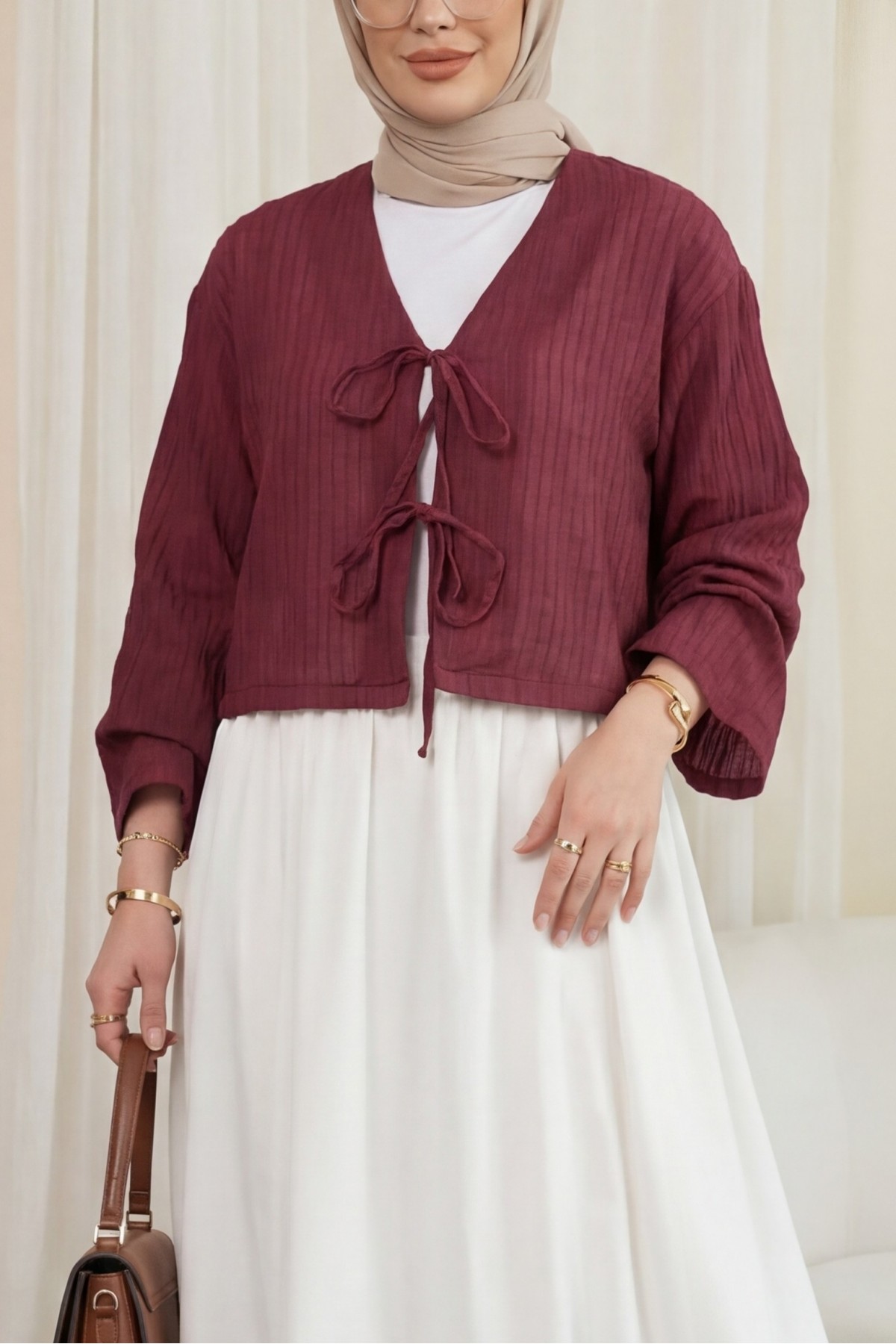 Front Lace-Up Semi-Transparent Ruffled Sleeve Blouse -Damson