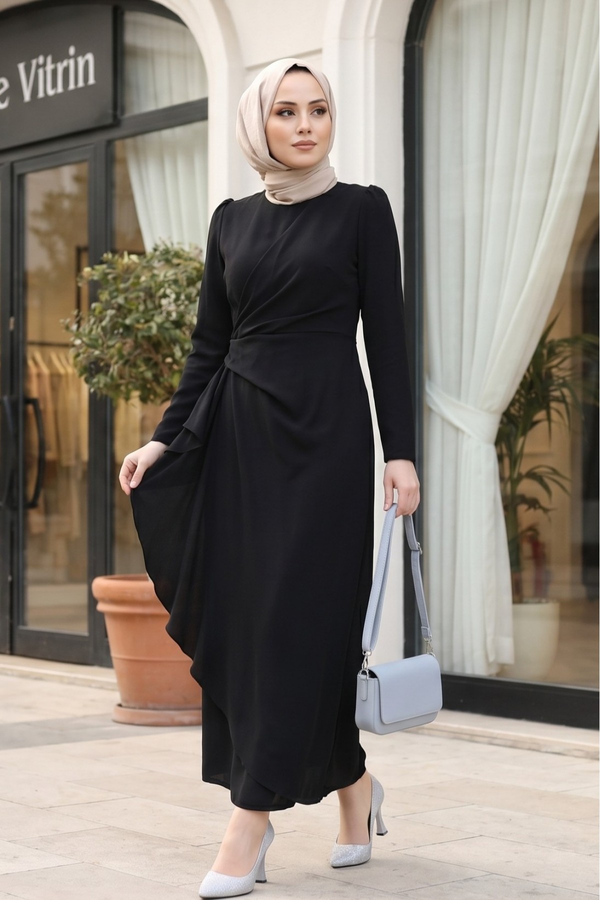 Asymmetrical Crepe Dress with Front Allery Skirt -Black