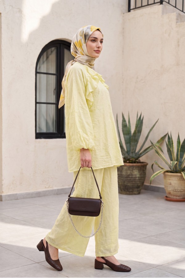 Crew Neck, Front Ruffled, Lined, Elasticated Sleeve Voile Set -Yellow