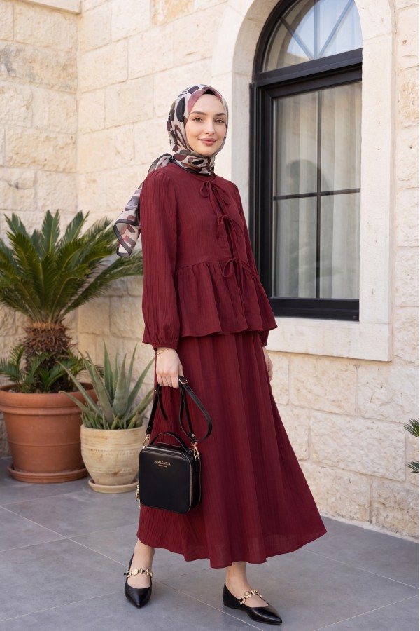 Önü Bağlamalı Kolu Lastikli Etekli Krinkıl Kimono Takım -Bordo