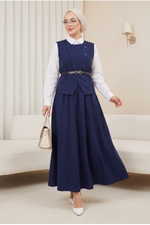 Çapraz Düğmeli Kemerli Yelek Etek Takım -Laci