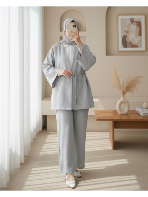 Önden Bağlamalı Pantolonlu Kimono Takım         -Açık Gri