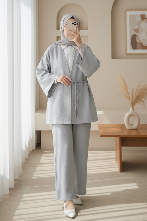 Önden Bağlamalı Pantolonlu Kimono Takım         -Açık Gri