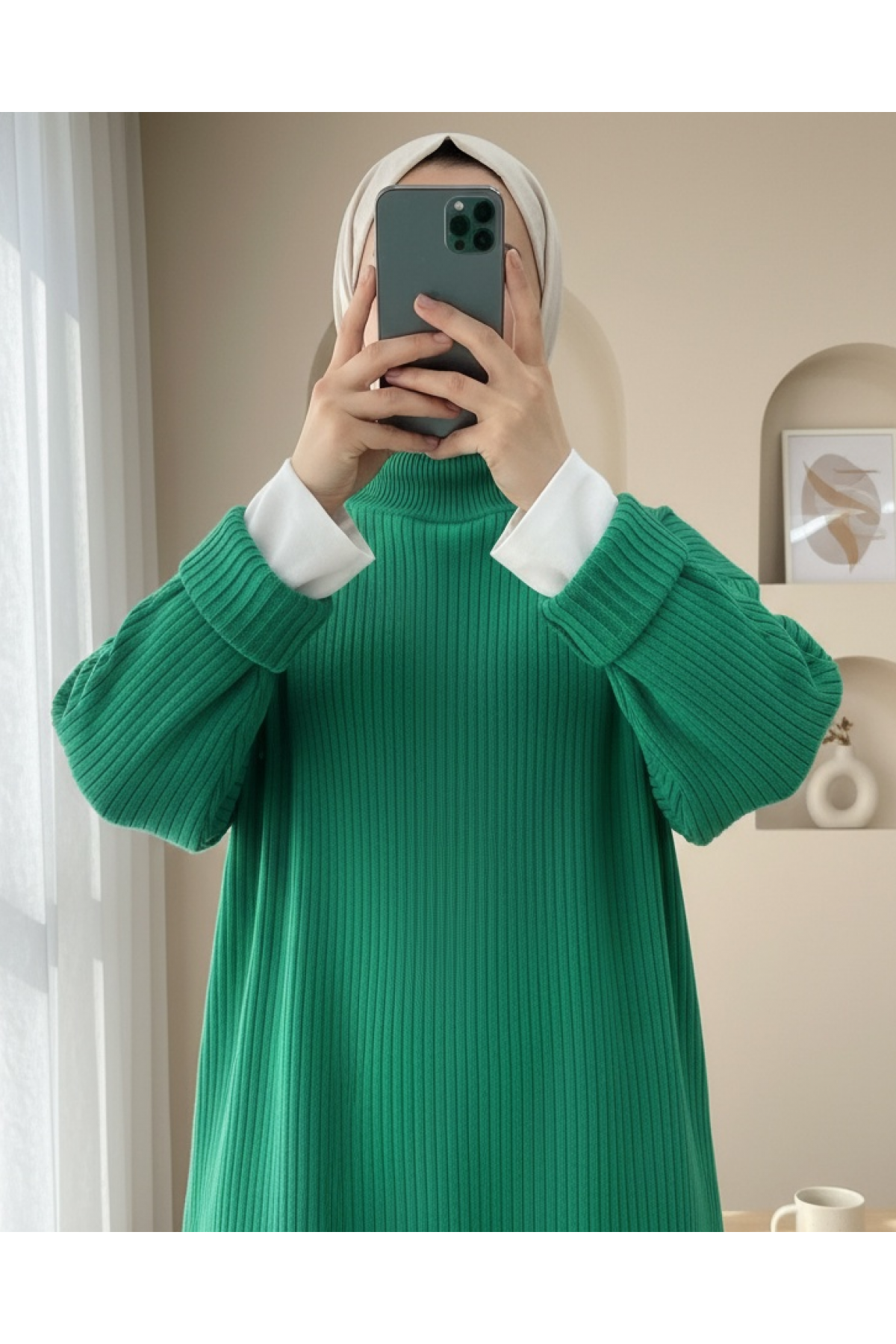 Half Neck Slit Knitwear Tunic    -Green