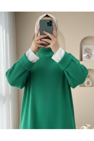 Yarım Boğazlı Yırtmaçlı Triko Tunik    -Yeşil