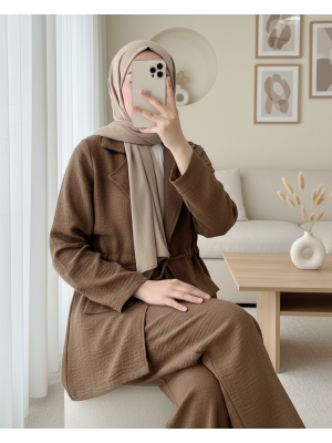 Kapaklı Tünel Köprülü Ceketli Keten Takım -Kahve