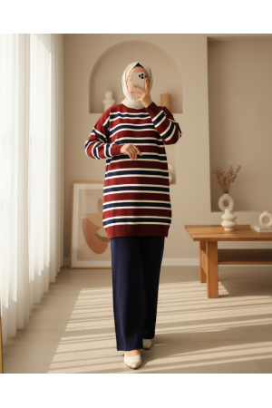 Yuvarlak Yaka Renkli Çizgili Salaş Triko Takım -Bordo