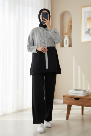 Üstü Çizgili Gömlek Detaylı Takım -Siyah