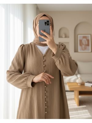 Top Düğmeli V Yaka Krinkıl Gömlek -Vizon