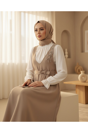 جيليه مكشكش بياقة بحزام -تدرجات البيج