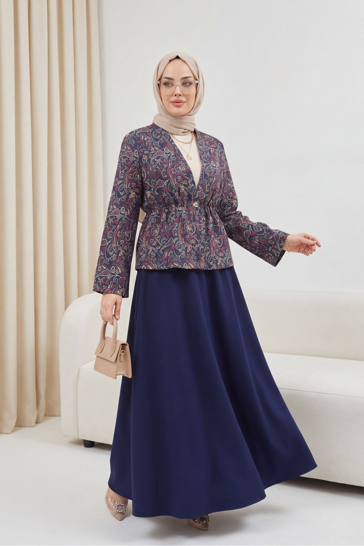 V-Neck, Gathered Waist, Single Button, Patterned Double Set -Navy blue