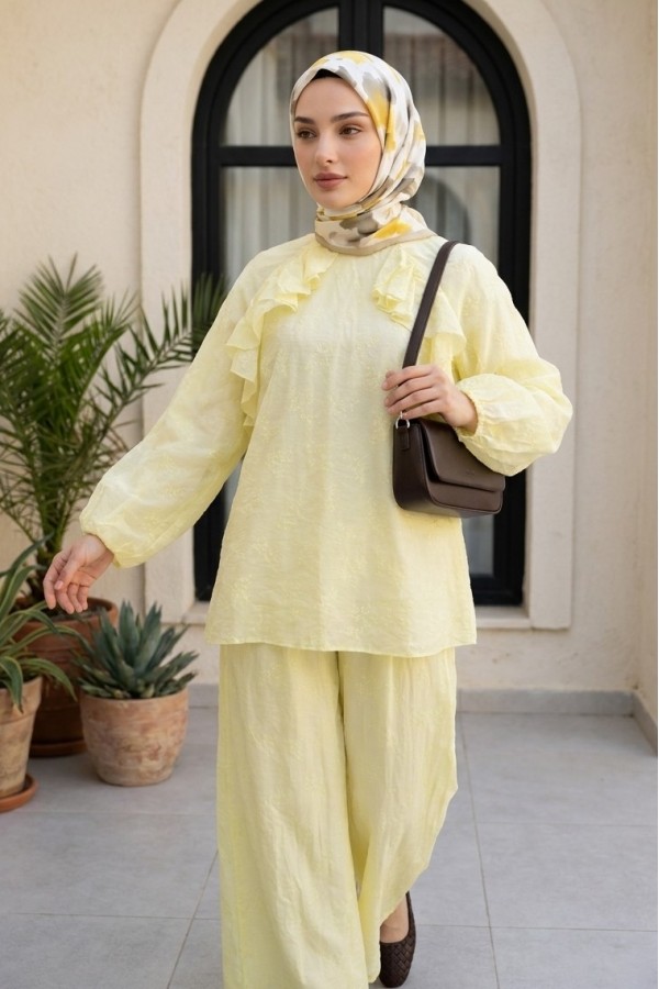 Crew Neck, Front Ruffled, Lined, Elasticated Sleeve Voile Set -Yellow