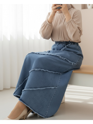 Püskül Detaylı Beli Lastikli Kot Etek -İndigo