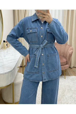 Beli Kemerli Cepli Önü Düğmeli Kot Takım  -Buz Mavi