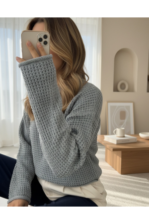 Yuvarlak Yaka Örgü Triko Kazak -Gri