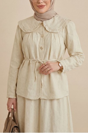 Bebe Yaka Bağcıklı Düğmeli Etekli Astarlı Keten Takım  -Bej