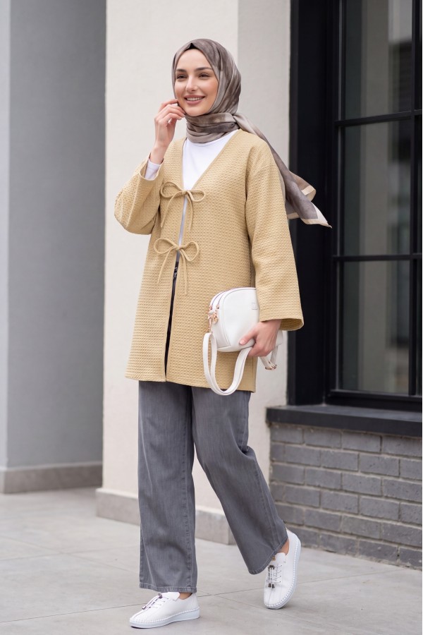 Önü Çift Bağcıklı Petek Desen Kimono -Yağ Yeşili