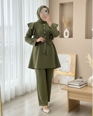Button Detailed Stand Collar Ruffle Shoulder Scuba Suit    -Khaki