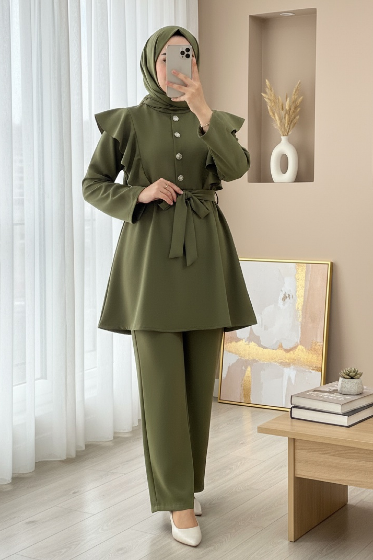 Button Detailed Stand Collar Ruffle Shoulder Scuba Suit    -Khaki