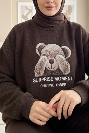 Ayıcık Baskılı Şardonlu 3 İplik Sweat Takım  -K. Kahve