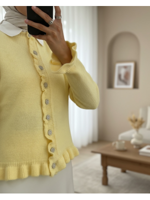 Düğmeli Önü Ve Eteği Fırfırlı Hırka -Açık Sarı