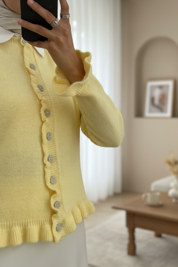 Buttoned Front and Ruffled Skirt Cardigan -Light yellow