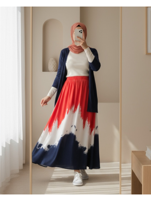 8025 Desenli Uzun Viskon Etek - Kırmızı