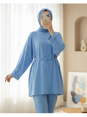 Compact Combed Cotton Tunic with Folded Sleeves and Tied Waist and Slit -Blue