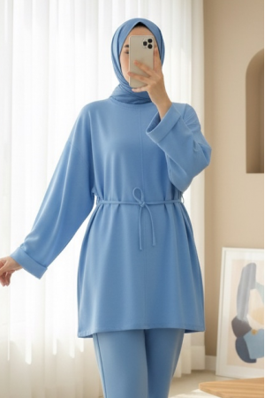Kolu Katlı Beli Bağlamalı Yırtmaçlı  Kompakt  Penye Tunik -Mavi
