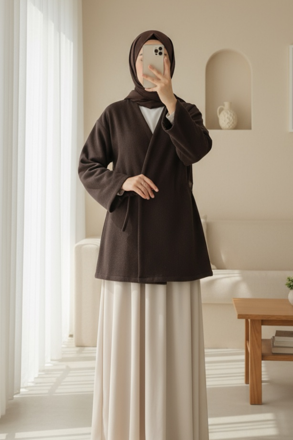 Çapraz Bağlamalı Kaşe Kimono -Kahve