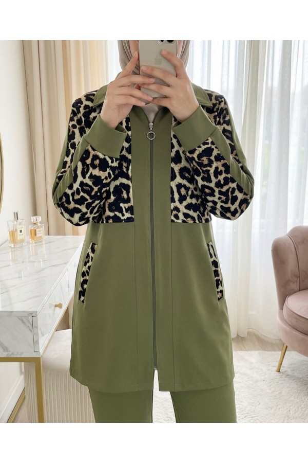 Shirt Collar Zippered Trouser Suit  -Khaki