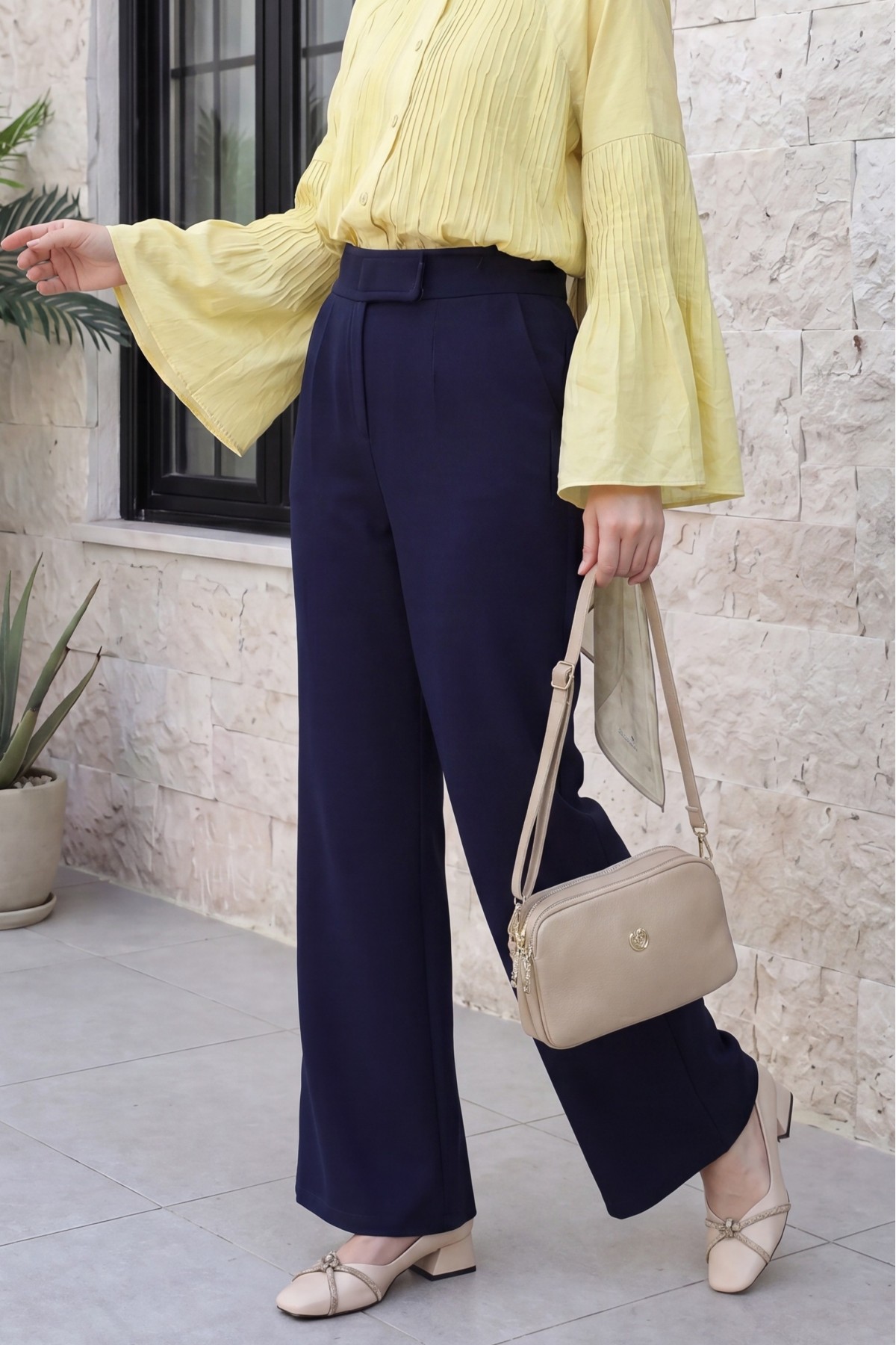 Tube Leg Fabric Trousers with Velcro Waist Detail -Navy blue