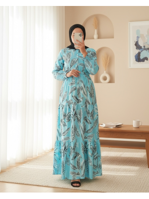 2145 Desenli Tesettür Elbise - Turkuaz