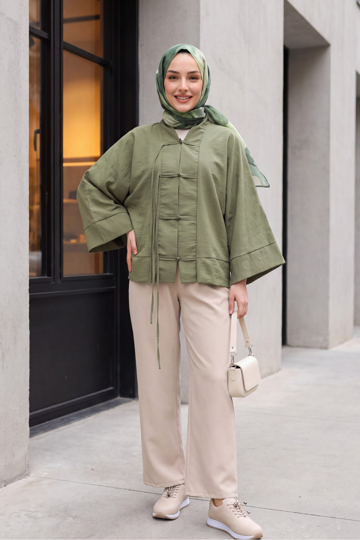 Chinese Knot Closure Mandarin Collar Parachute Kimono -Khaki