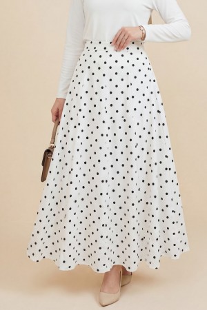 Arkası Fermuarlı Puantiyeli Astarlı Etek -Beyaz