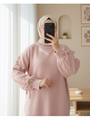 Yuvarlak Yaka Kolu Örgü Detaylı Triko Kazak -Pudra