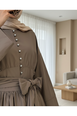 Beli Bağcıklı Boydan Taş Düğmeli Tunik -Açık Kahve