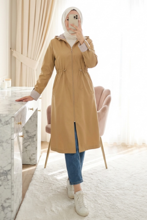 Kapşonlu Fermuarlı Belden Lastikli Bondit Kap 