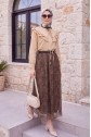 Elasticated Waist Belted Lined Patterned Tulle Skirt -Khaki