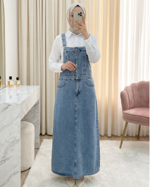 Half-buttoned denim overalls with pockets -Ice Blue
