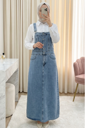 Yarım Düğmeli Cepli Kot Salopet -Buz Mavi