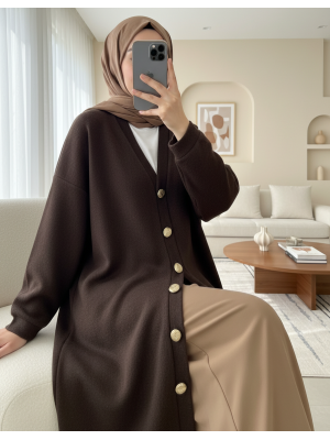 Düğmeli Selanik Uzun Hırka -Kahve