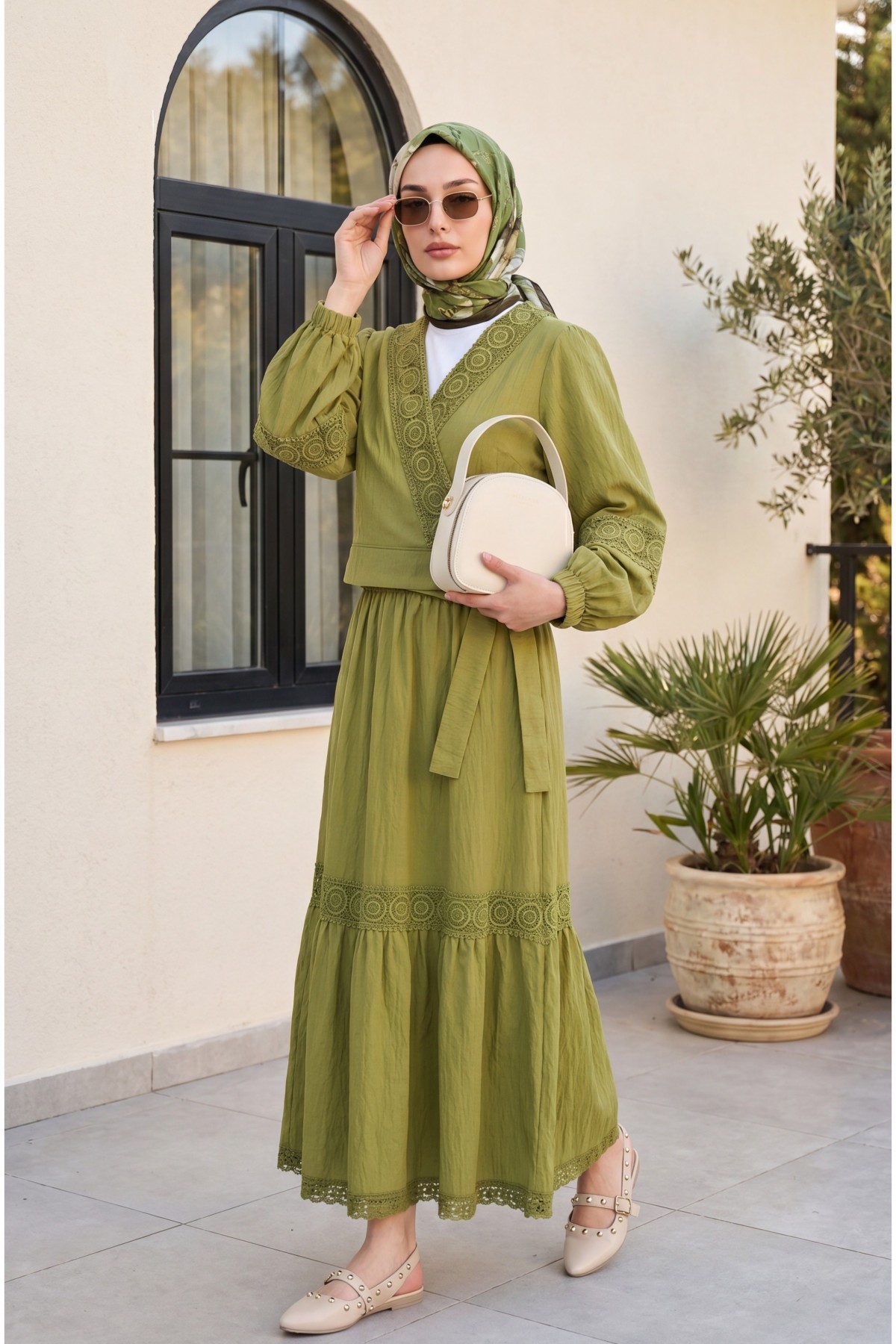 Lace Detailed Tied Elastic Sleeve Knit Skirt Suit -Olive