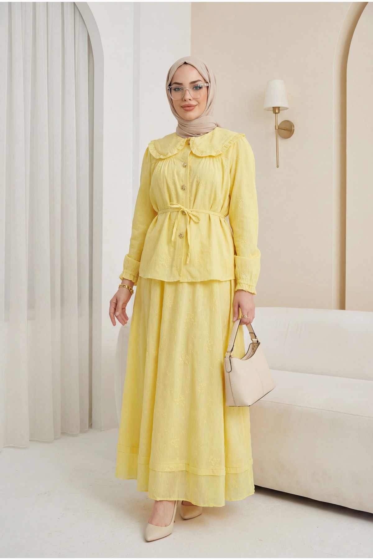 Peter Pan Collar, Lace-Up Buttoned Skirt, Lined Linen Set -Yellow