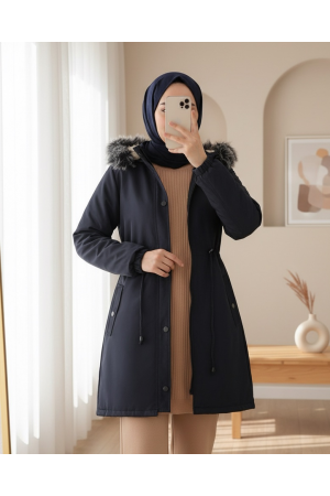 Çıkma Kapşonlu Kolu Lastikli Cepli Kısa Kaban  -Laci