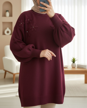 Flower Patterned Stoned Soft Knit Sweater -Maroon